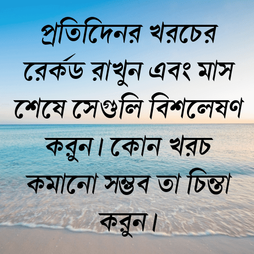 প্রতিদিনের খরচের রেকর্ড রাখুন এবং মাস শেষে সেগুলি বিশ্লেষণ করুন। কোন খরচ কমানো সম্ভব তা চিন্তা করুন।