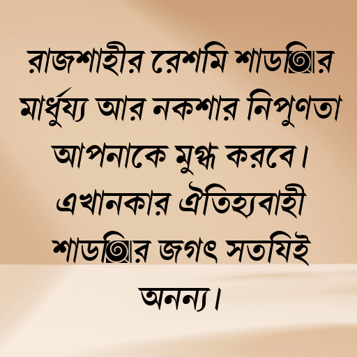 রাজশাহীর রেশমি শাড়ির মাধুর্য্য আর নকশার নিপুণতা আপনাকে মুগ্ধ করবে। এখানকার ঐতিহ্যবাহী শাড়ির জগৎ সত্যিই অনন্য।