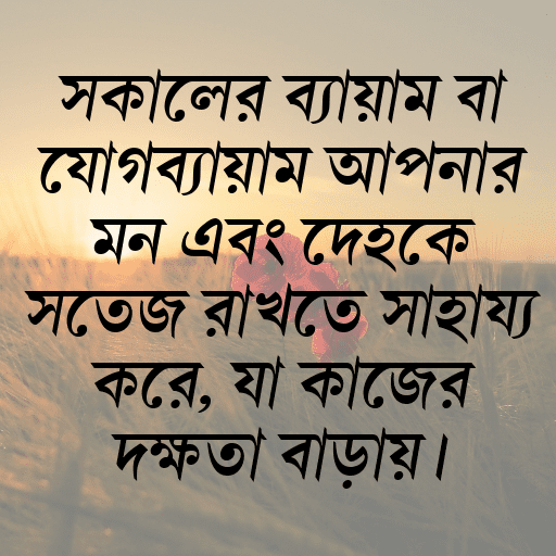 সকালের ব্যায়াম বা যোগব্যায়াম আপনার মন এবং দেহকে সতেজ রাখতে সাহায্য করে, যা কাজের দক্ষতা বাড়ায়।
